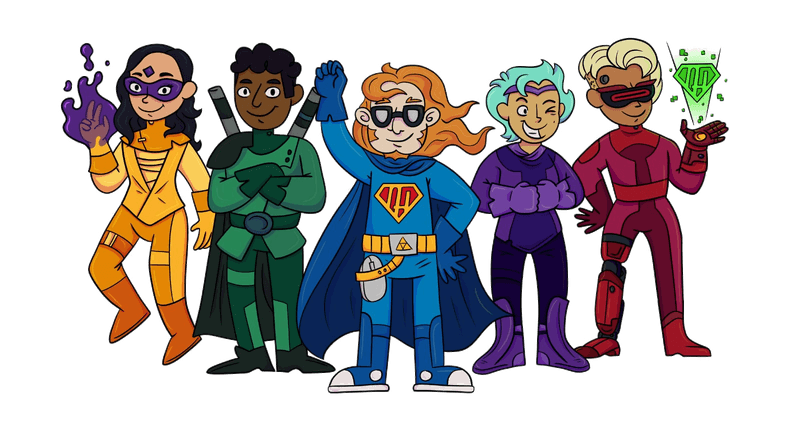 Next Heroes Team — illustrierte Maskottchen